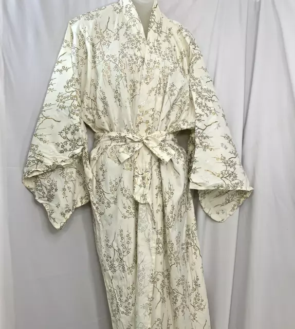 Japanese  Kimono Ivory Satin Silver Gold Metallic Print Woman Robe 50s Vintage