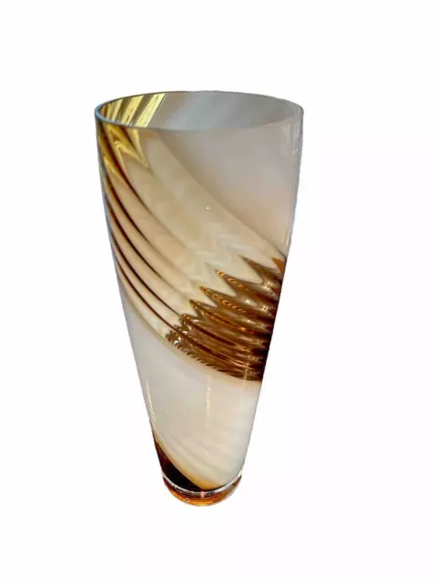 MCM Murano Style Hand Blown Amber Milk Glass Swirl White Vase Art Tall Vase