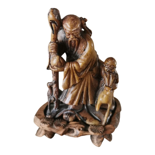 Chinese Stone Carving Of An Old Man And A Boy On A Wooden Stand
