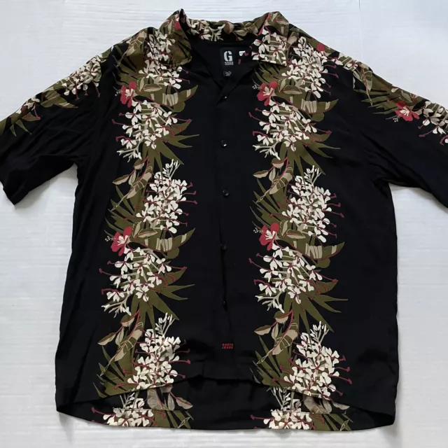 Guess Jeans Mens L Black Floral Rayon Aloha Camp Hawaiian Shirt Loop Collar