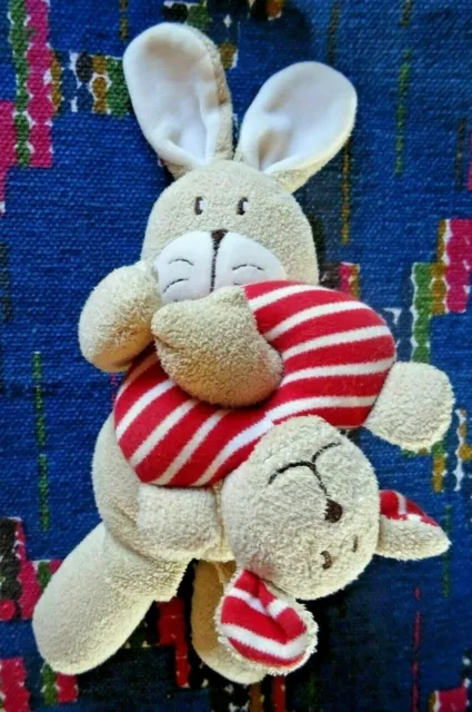 Jb/ Doudou Peluche Nounours Lapin Beige + Hochet Chien Raye Rouge Grelot Tbe