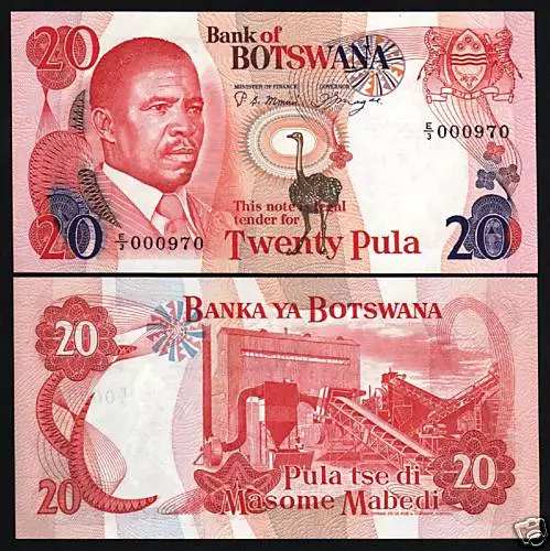 Botswana 20 Pula P10 A 1982 Low # Zebra Ostrich Unc Rare Africa Money Bank Note