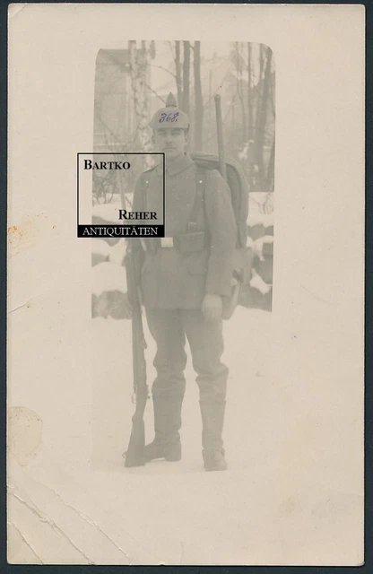 Foto I.WK Pionier in Feldgrau mit Ausrüstung + Gewehr u aufgepflanztes Bajonett