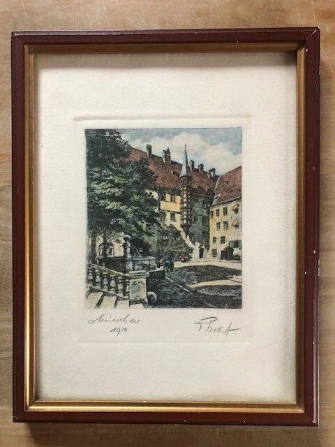 ORIGINAL RADIERUNG V. Prof. Ferdinand Probst 1910 München coloriert