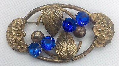 Gilt Floral Stamped Brooch Blue Rhinestones Art Deco Vintage Jewelry