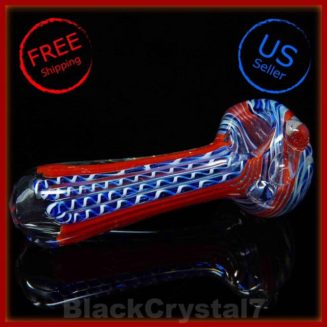 4.5 in Handmade Heavy Thick Red Blue Pinstripe Tobacco Smoking Bowl Glass Pipes
