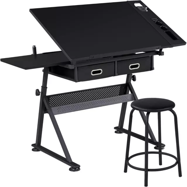 Adjustable Drafting Table, Tiltable Drawing Tabletop with Storage Drawers, Drawi