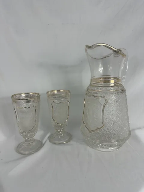 S Reich Glass Company BOHEMIAN RENAISSANCE GIRL Pitcher & 2 Cups Circa 1880