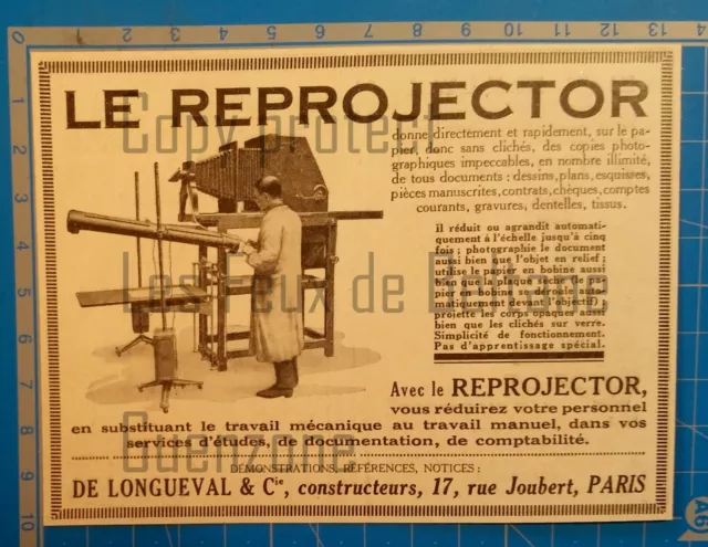 REPROJECTOR DE LONGUEVAL Copies photographiques  publicité 1926 advert