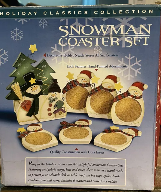 VTG Snowman Coaster Set of 6 Plus Holder Cork Center Holiday Table Decor *READ*