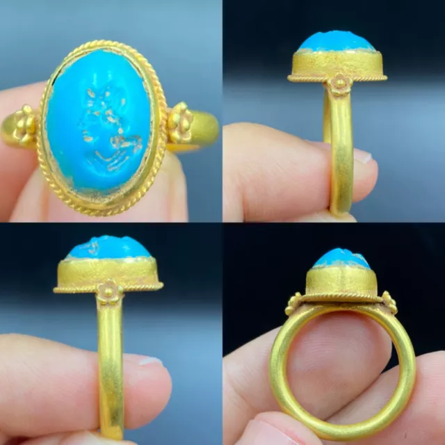 Rare Ancient Roman 20K Gold Ring With Turquoise Intaglio Of King Circa 1st–3rd C