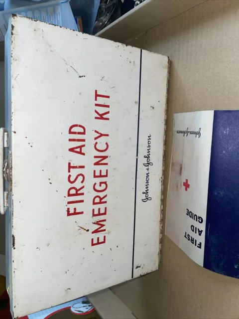 Vintage Johnson And Johnson First Aid Emergency Kit Metal Wall Mount  with Box