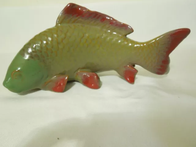 Ceramic Swimming Carp Koi Fish Figurine Art Pottery Green & Brown 9" Tall