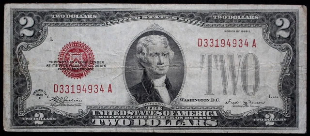 1928 E Series Usa $2 Banknote - Red Seal #D33194934 A