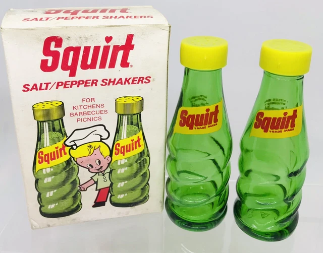 1974 Squirt Soda Fruit Drink Salt & Pepper Shaker Set Bottle Shaped Original Box
