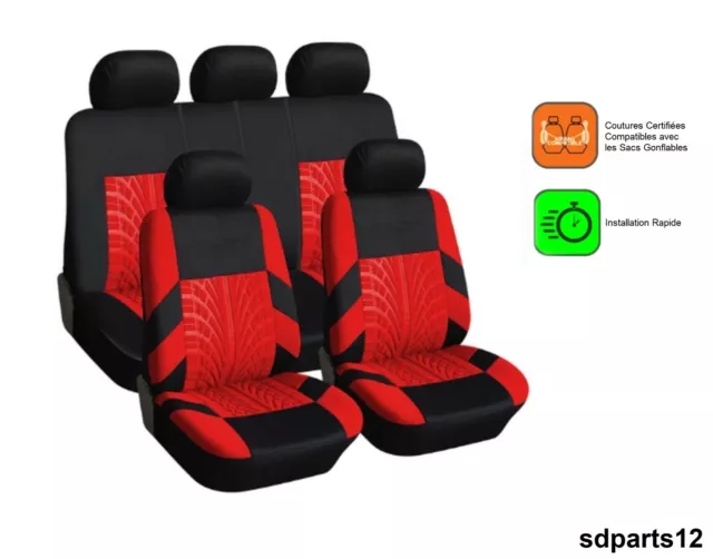 Pour Peugeot Audi 9 Pcs Housses Couvre Sieges Fabric Rouge-Noir