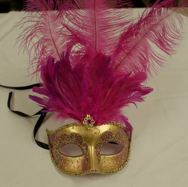 Hot Pink Feather Gold Venetian Mask Masquerade Masks Mardi Gras Halloween