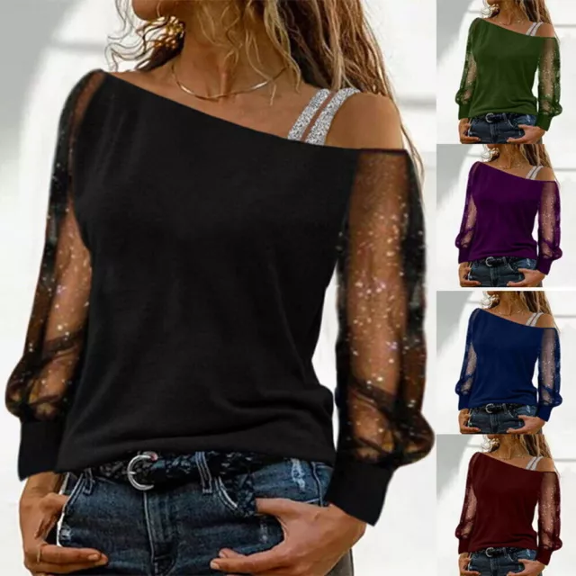 Womens Cold Shoulder Mesh Tops Ladies Long Sleeve Loose Casual Party Blouse Tee