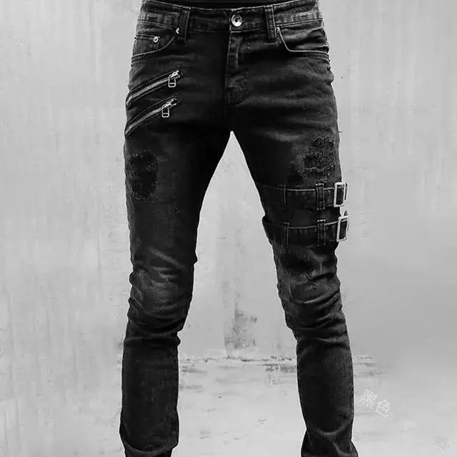 Mens Biker Pants Fashion Buckle Punk Skinny Casual Jeans Denim Trousers