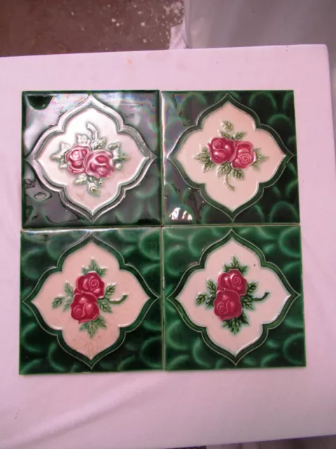 Antique Tile Majolica Art Nouveau Japan Rose & Green Leaf Geometric 4 Pc Set"706