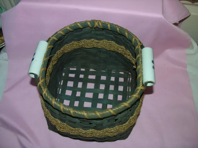 Unique Vintage Bamboo Basket with Blue Porcelain Handle 3