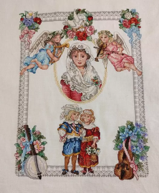 Musical Instruments &Angels Completed Finished Cross Stitch Musicians Music