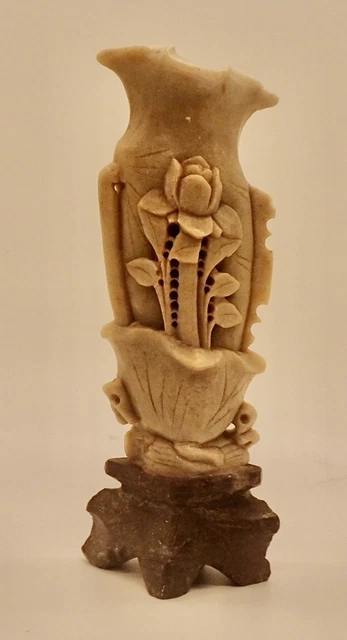 Vintage Soap Stone Asian Vase Pierced Floral Pattern 6in Tall Natural Two Tone