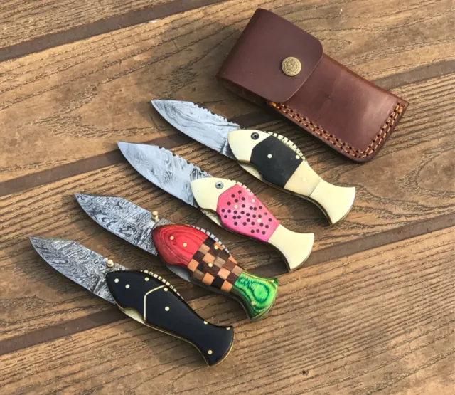 Mix Lot 4 piece Custom handmade Damascus steel Blade fish Shape pocket  Knife