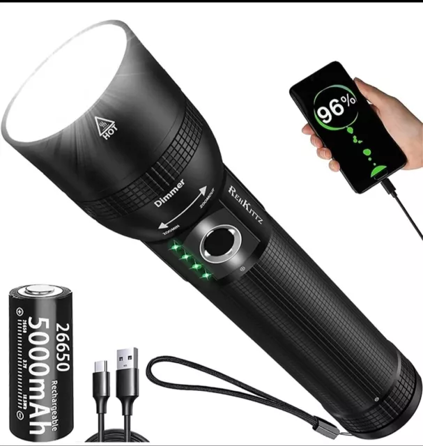 REHKITTZ LED Torch Super Bright 3300 Lumens , Rechargeable (5000mAh Battery)