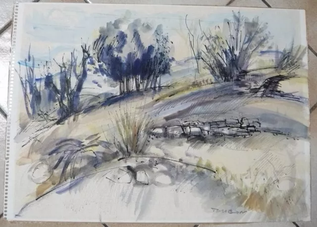 Aquarelle, paysage provençal 1981 Guy Toubon peintre marseillais