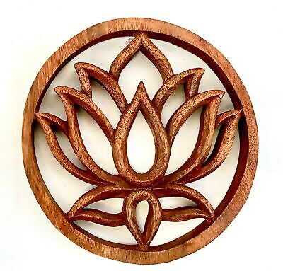 Balinese Boho Chic Wall Art Plaque Trivet Lotus Hamsa Horus Hand Carved wood 8"