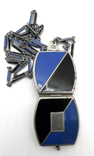 Art Deco Sterling Silver Enamel Locket & Chain Necklace Unused Vintage Jewelry