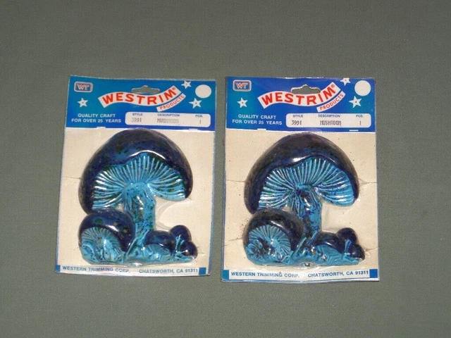 2 Vintage Westrim Blue Ceramic Mushroom for Macrame Craft Supply NOS Style #3991