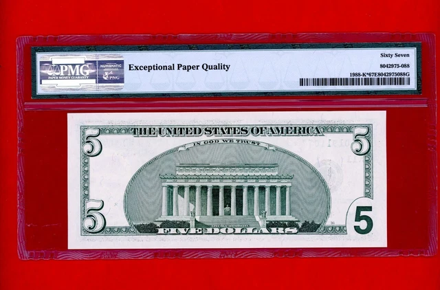 2001 $5 Star Note   Pmg 67 Epq Superb Gem Unc Fr 1988-K Ser.# Ck 01911077 * 2