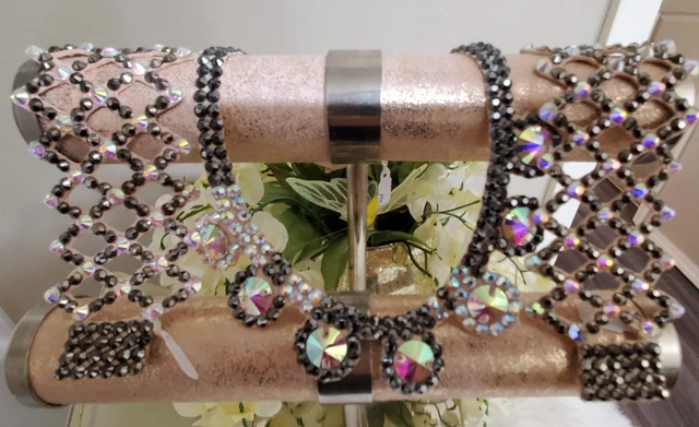 Set Necklace & Cuffs  Hematite Black Crystals AB  Ballroom Dance Jewelry