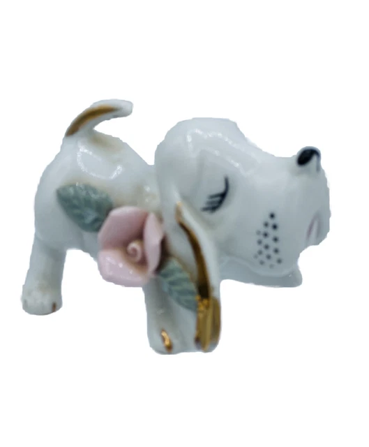 Chase Japan Hand Painted Dog Ceramic Figurine Droopy Floppy Ears White Pink Gold