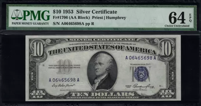 1953 $10 Silver Certificate FR-1706 - Graded PMG 64 EPQ Uncirculated