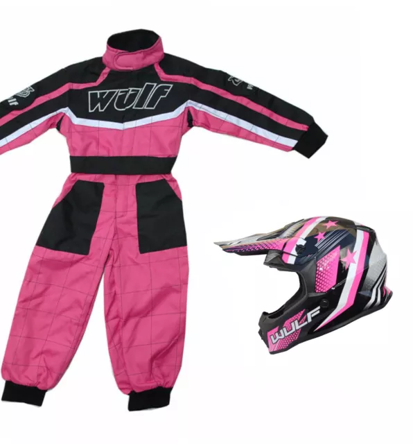 Kids Wulfsport Wulf MX Quad Motocross Overall And Helmet Pink Set #O2