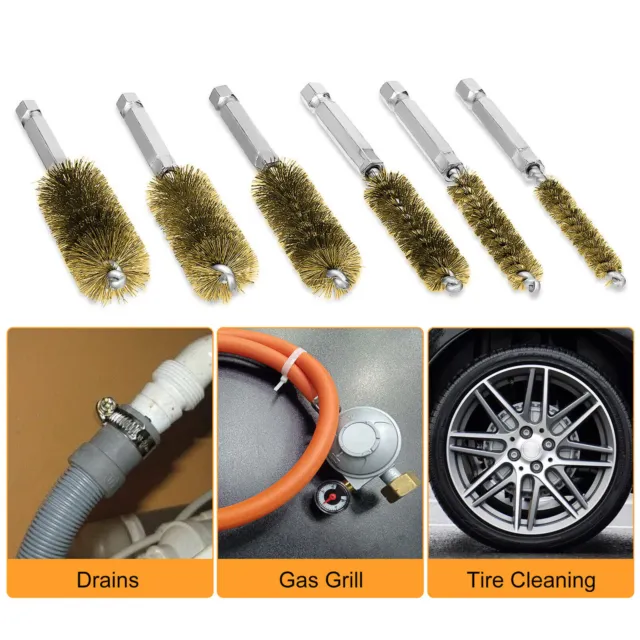 6x 1/4 inch Hex Shank Brass Bore Cleaning Wire Brushes 8-19mm For Power Drill