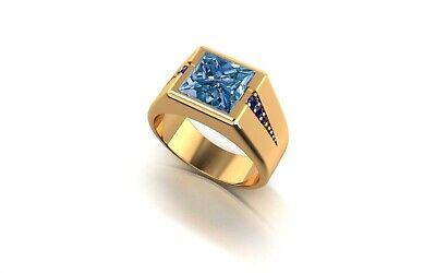 14k Yellow Gold Natural Blue Topaze & Sapphire Gemstone Men Wedding Ring Jewelry
