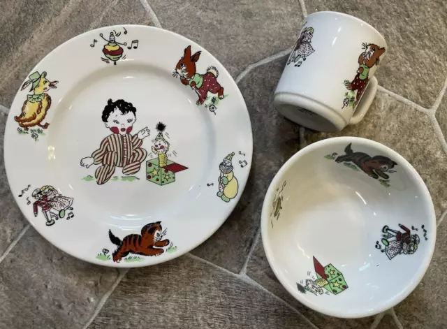 3 Mayer China TOYLAND Plate Bowl Cup BABY CHILD Set KITTEN DUCK JACK IN THE BOX