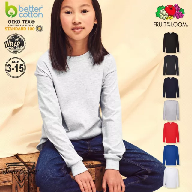 Kids Long Sleeve T-Shirt Boys Girls Children Cotton Top Tee Fruit Of The Loom