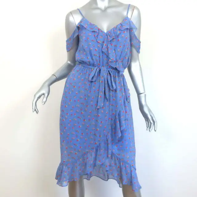 Joie Cold-Shoulder Dress Dinesha Blue Ruffled Strawberry Print Silk Size Small