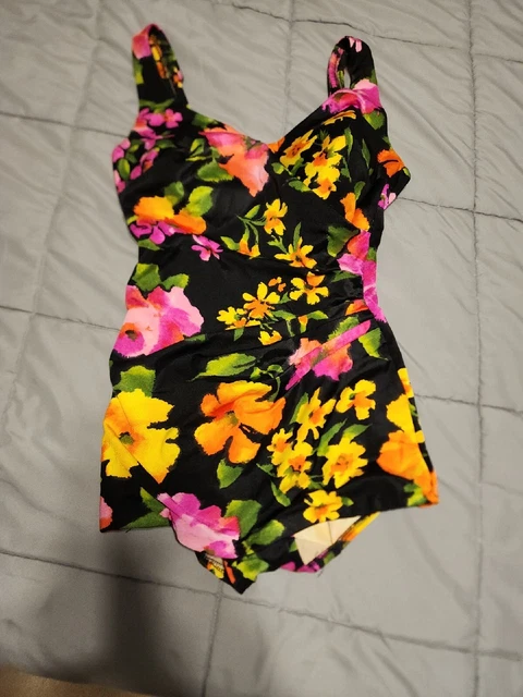 Roxanne Vintage Swimsuit One Piece Floral Print Size 12/34 Bra Made In USA 🇺🇸