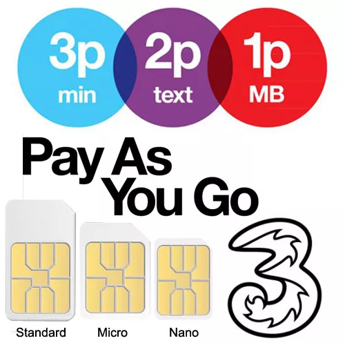 PAYG Pay As You Go Three 3 Standard Micro Nano SIM Card Number for Mobile Phones