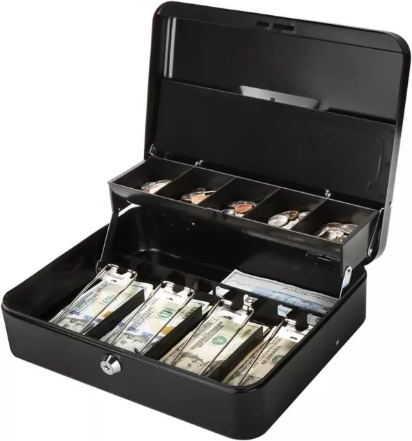 12" Large Cash Box w/ Metal Money Tray Lock Safe Box 5 Coin Slots for Cashier