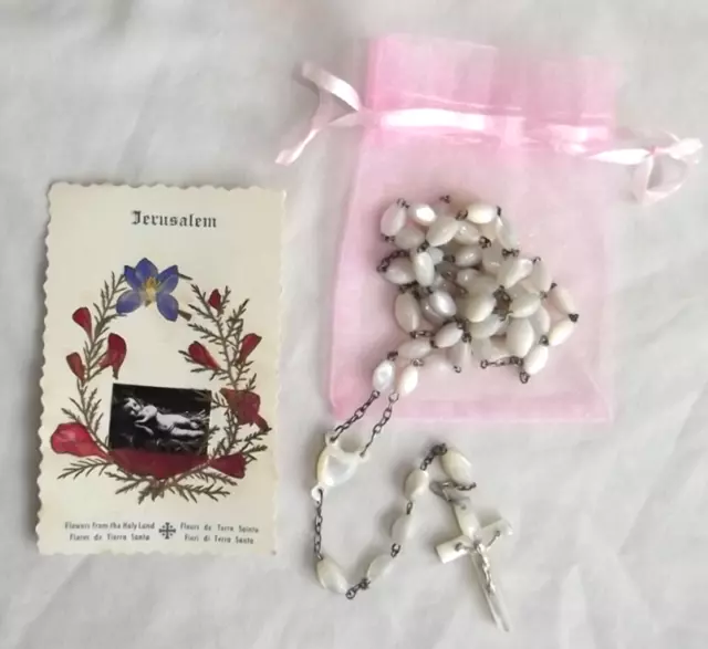 Mother of Pearl Rosary Handmade Jerusalem w/Pouch & Card Flowers of Holy Land
