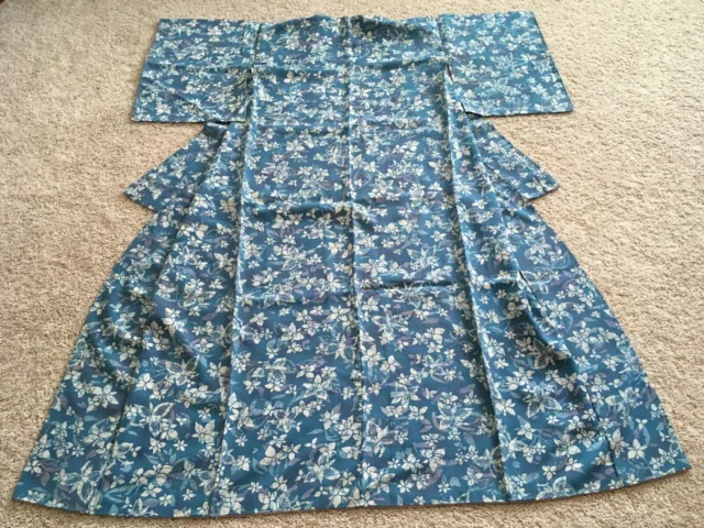 Japanese vintage silk fabric kimono, Komon, floral wagara pattern, blue