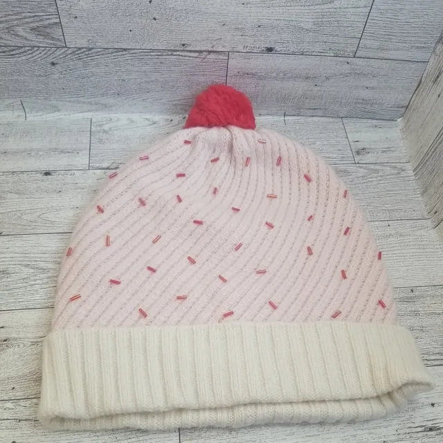 Kate Spade Hats Off New York Cupcake Beaded Beanie Hat with Pom Pom Pink Cream