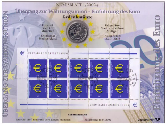 2002 BRD Numisblatt 1/02 mit 10 € Silbermünze Währungsunion Einführung des Euro